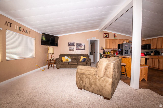 855 East 300 N Street Beaver, UT 84713 - Photo 35 of 44 Living area with vaulted ceilings, recessed window with blinds, and light-toned carpeting