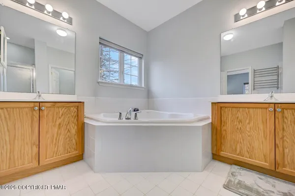 a bathroom with a tub shower sink and mirror