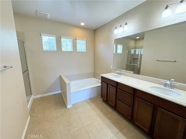a bathroom with a double vanity sink a large mirror and a bathtub