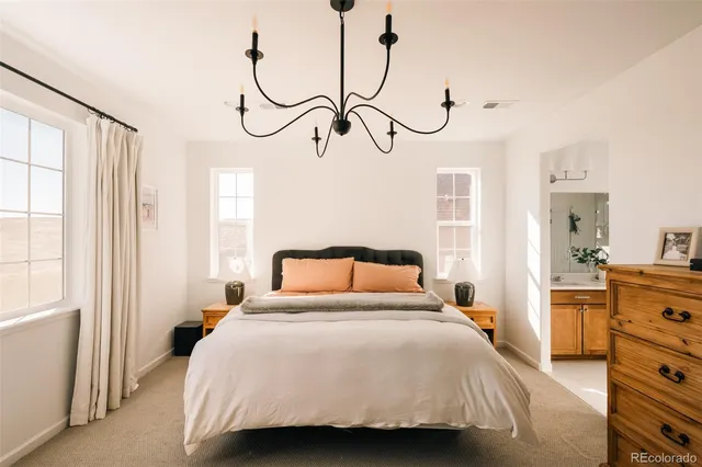 a bedroom with a bed and dresser with mirror