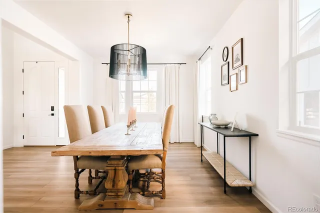 a view of a dining room with furniture and wooden floor
