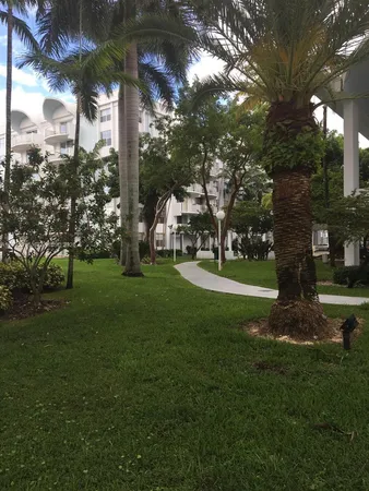 a view of a park with large trees