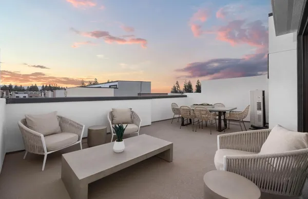a roof deck with couches and potted plants
