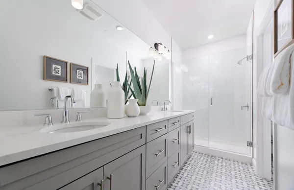 a bathroom with a double vanity sink a shower and a mirror