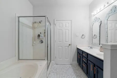 a bathroom with a double vanity sink a mirror and a shower