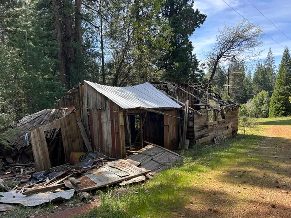 a view of a backyard with cabin