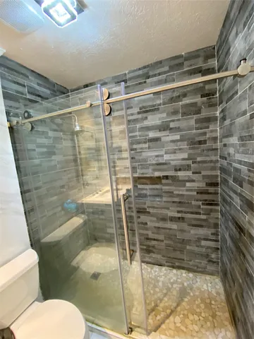 a bathroom with a shower and toilet