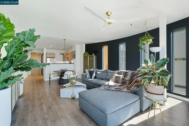 a living room with furniture and a potted plant