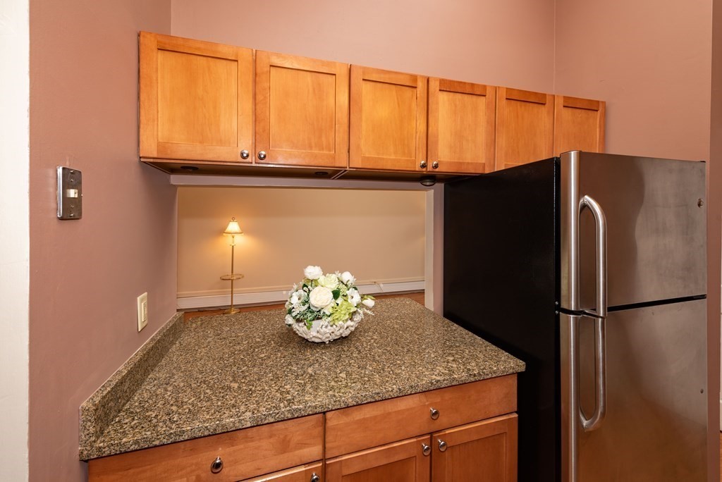 4 Raintree Circle, Unit 4D Brockton, MA 02302 - Photo 17 of 24 a kitchen with a refrigerator and cabinets