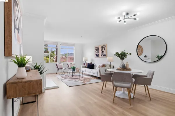 a living room with furniture a table and a potted plant