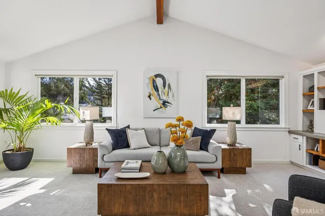 a living room with furniture and a potted plant