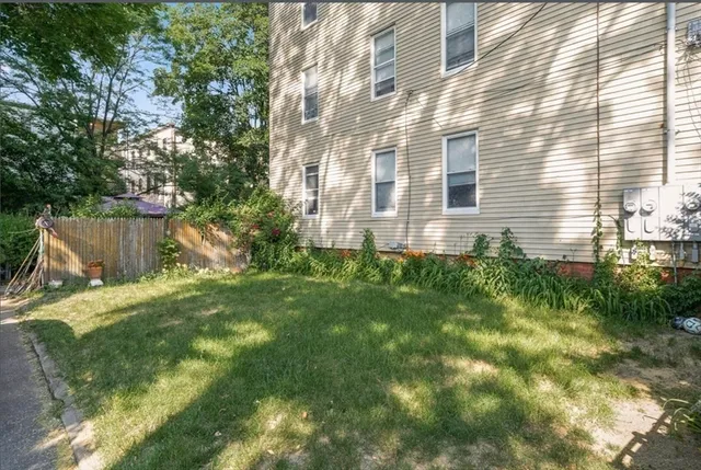 a view of backyard with plants and large tree