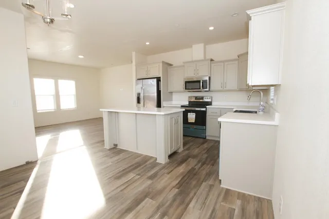 a kitchen with stainless steel appliances a sink a stove a refrigerator cabinets and a window