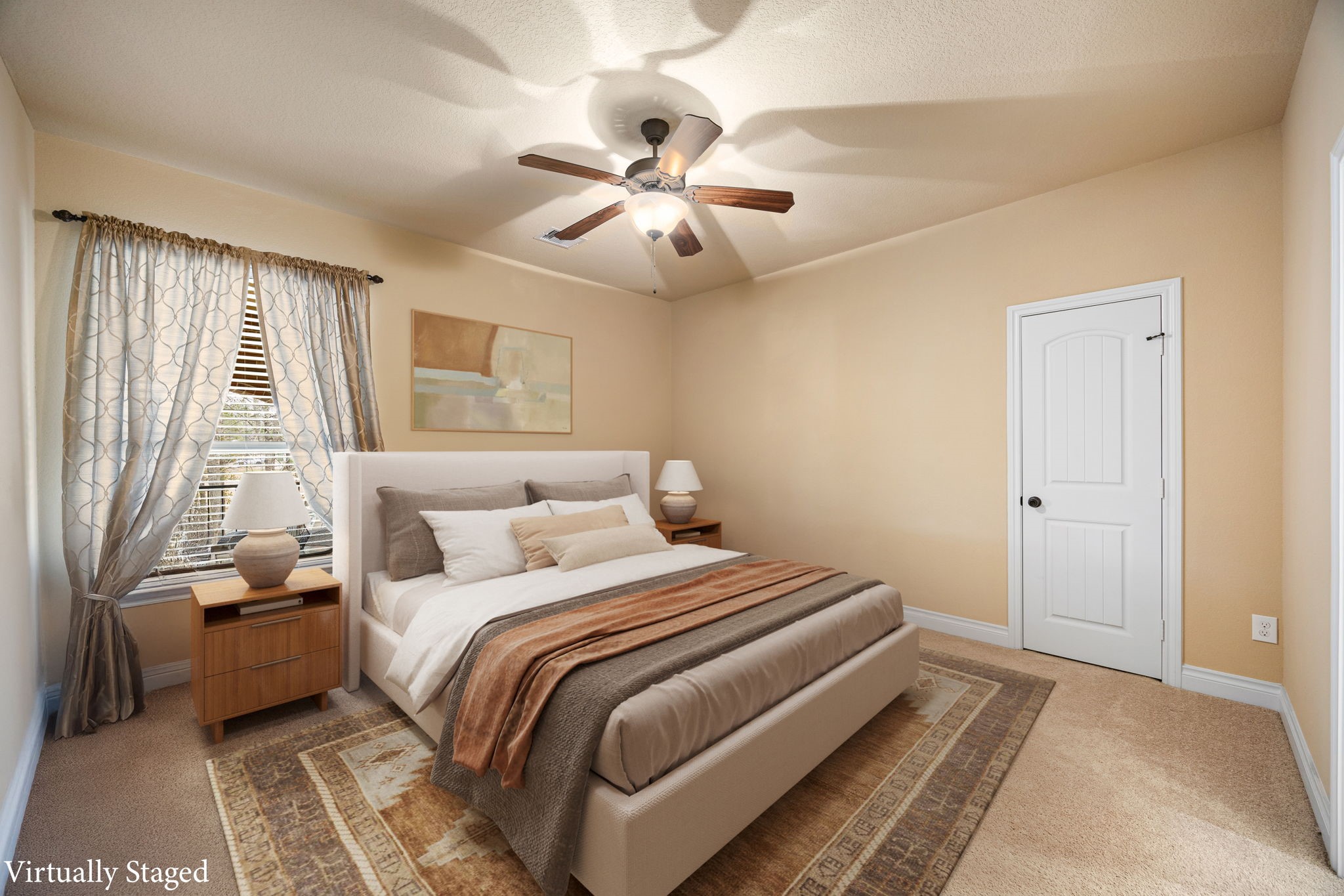 23421 Cannondale Loop Montgomery, TX 77316 - Photo 28 of 47 Warm and inviting bedroom featuring soft neutral tones, plush carpeting, and a ceiling fan with light for year-round comfort. The spacious layout easily accommodates a king-size bed, complemented by natural light from the window and a calming color palette that creates a relaxing retreat.