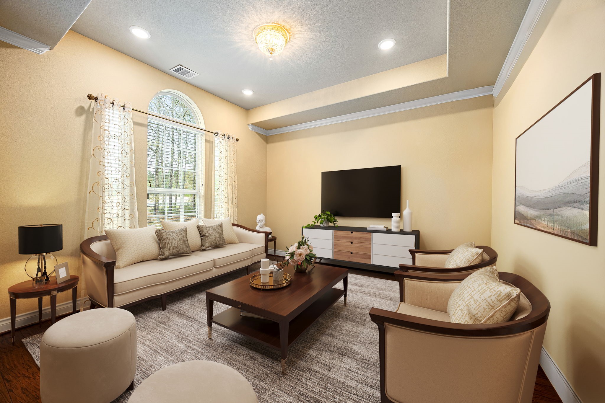 23421 Cannondale Loop Montgomery, TX 77316 - Photo 6 of 47 Elegant formal living room showcasing a tray ceiling with chandelier, recessed lighting, and rich crown molding. Large arched window fills the space with natural light, while the spacious layout offers the perfect setting for entertaining or relaxing in style.