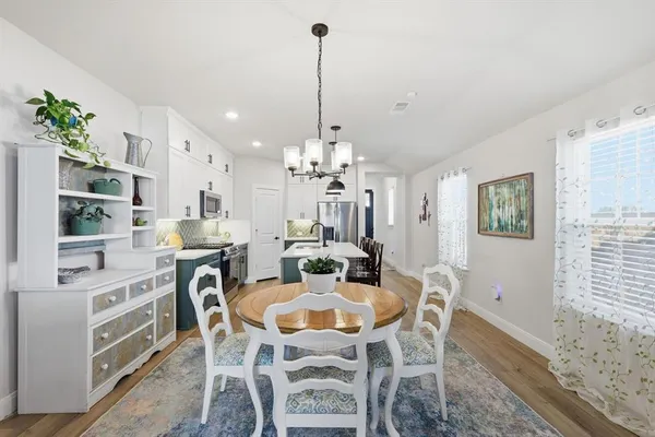 a view of a dining room with furniture window and wooden floor