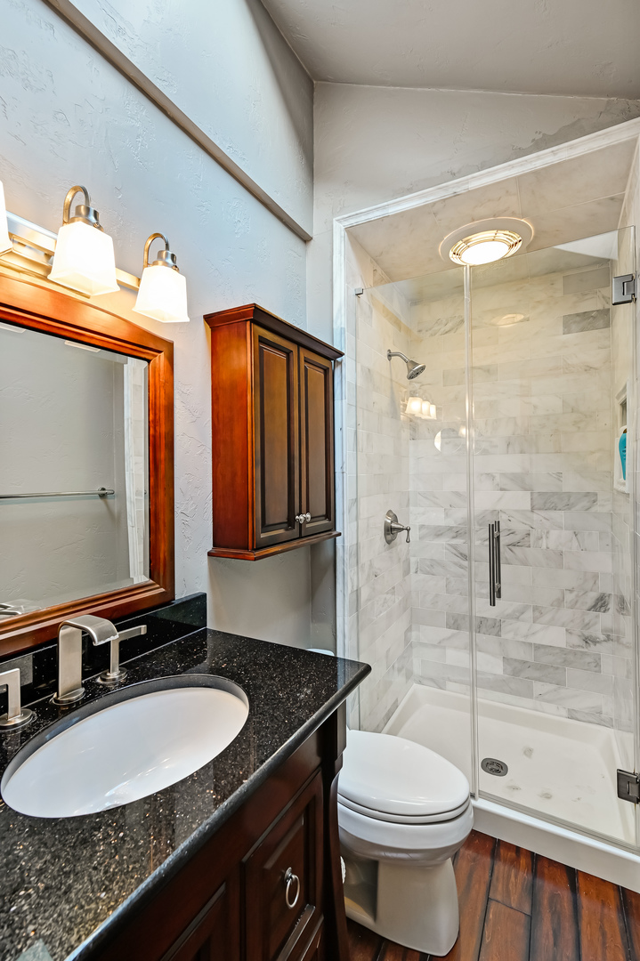 8300 South County Line Road Burr Ridge, IL 60527 - Photo 19 of 37 a bathroom with a granite countertop sink toilet a mirror and shower