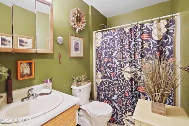 a bathroom with a sink mirror vanity and toilet