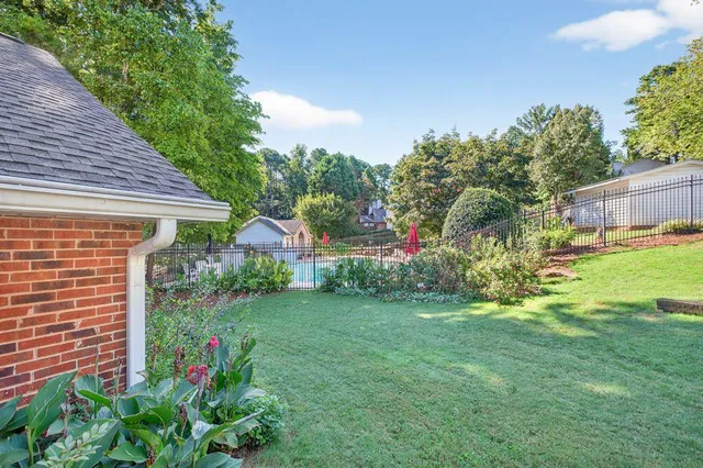 a view of a backyard with plants and a garden