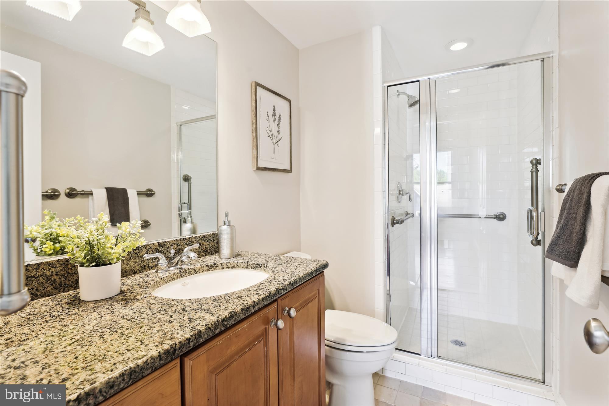 229 Locust Street Southeast, Unit 3 Vienna, VA 22180 - Photo 31 of 57 a bathroom with a granite countertop sink toilet and shower
