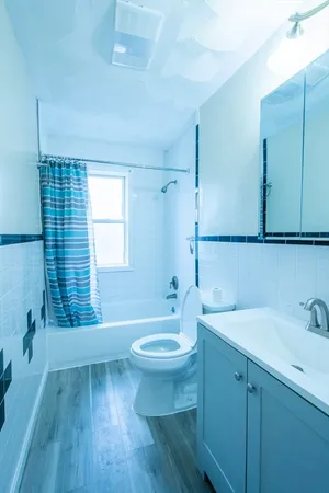 a bathroom with a sink a toilet a mirror and shower