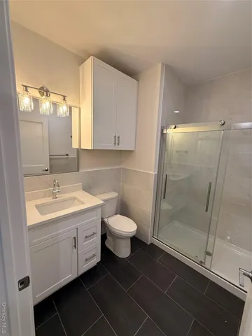 a bathroom with a sink a toilet a shower and a mirror