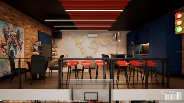 a room with lots of chairs and mirrors