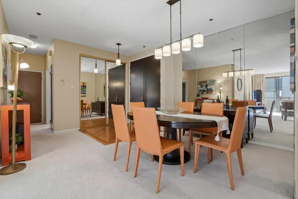 a view of a dining room with furniture