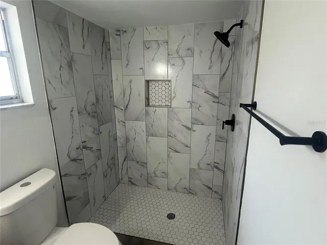 a bathroom with a shower and toilet