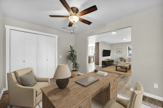 a living room with furniture and a potted plant