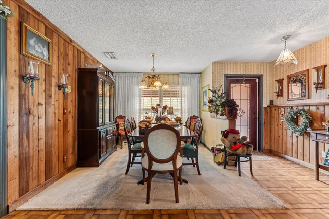 a outdoor dining space with furniture