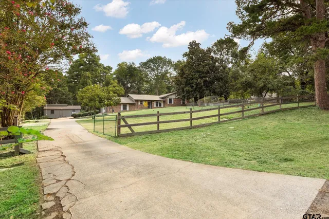 a view of a park with large trees