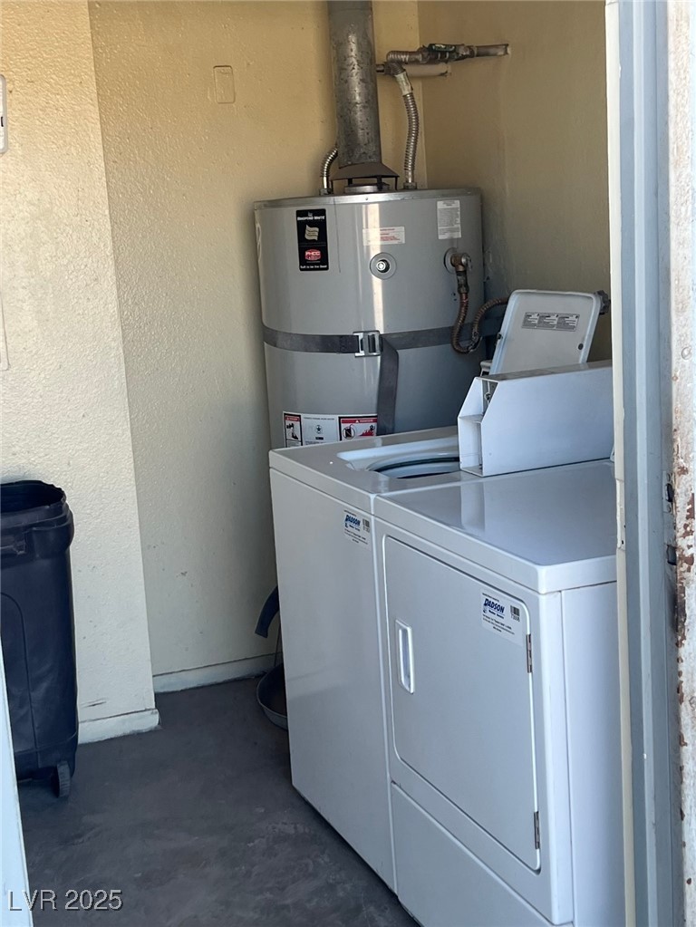 1388 East Desert Inn Road, Unit 1 Las Vegas, NV 89169 - Photo 8 of 17 Washroom featuring washer and dryer and strapped water heater