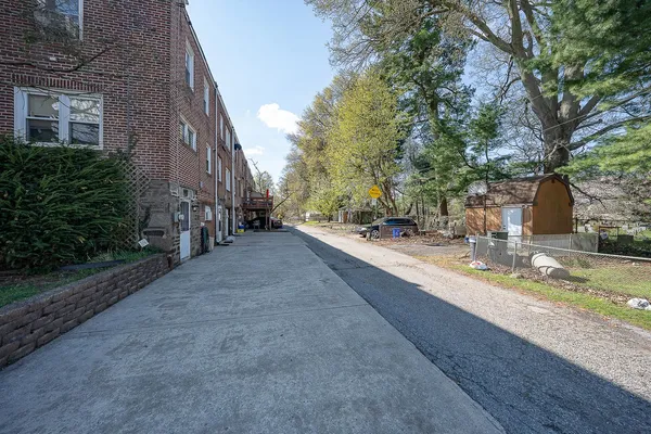 a view of a yard with plants and a tree