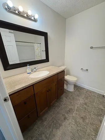 a bathroom with a sink a toilet and mirror