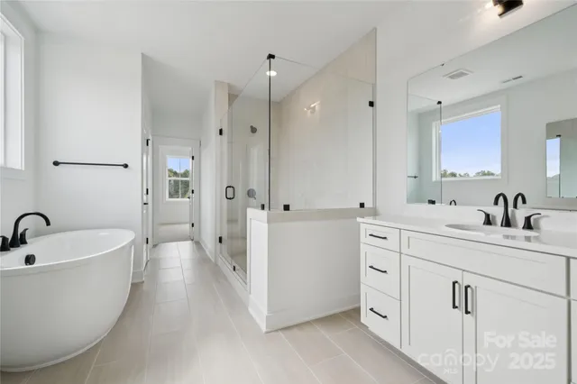 a bathroom with a bathtub a sink a window and a shower