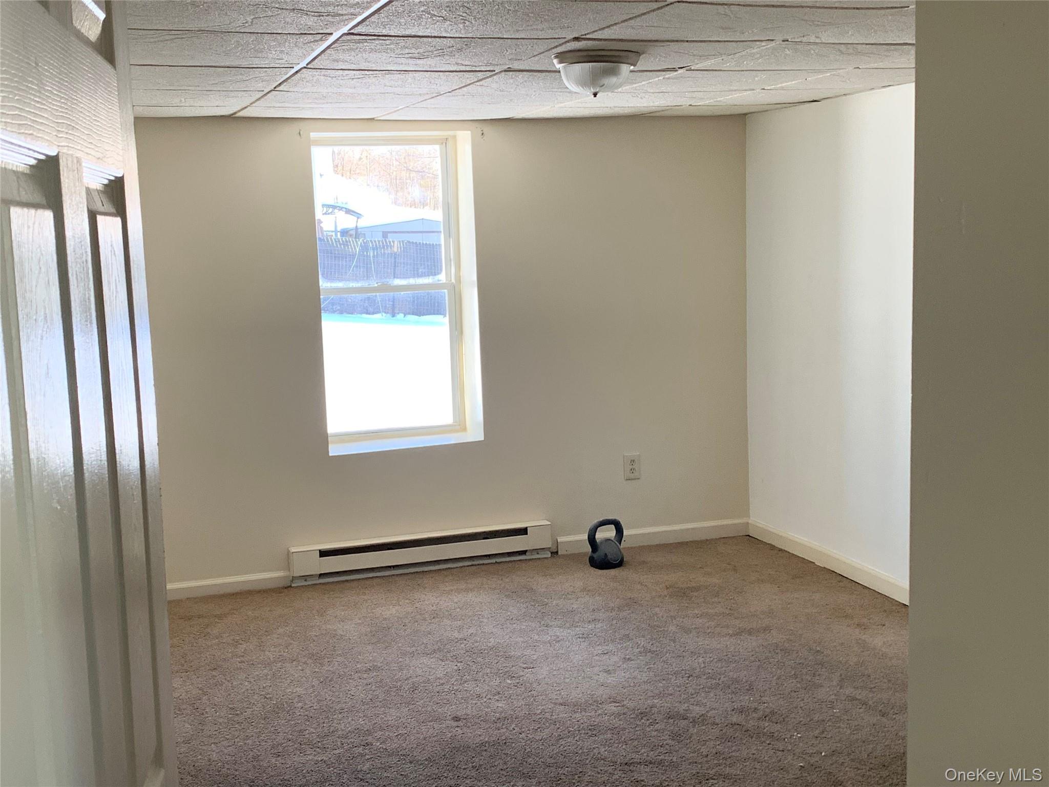 105-107 East Cold Spring Road Monticello, NY 12701 - Photo 10 of 22 Empty room featuring a baseboard radiator, carpet flooring, and a paneled ceiling