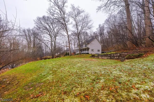 a view of a backyard with large trees