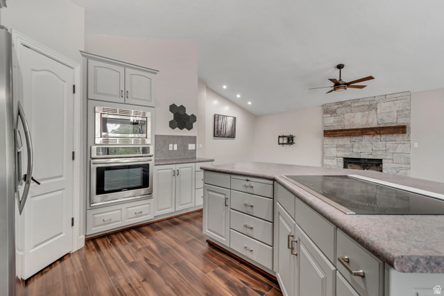2154 Wasatch Boulevard Sandy, UT 84092 - Photo 25 of 55 Kitchen with lofted ceiling, stainless steel appliances, a fireplace, gray cabinets, and dark wood-type flooring