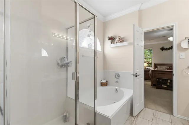 a bathroom with a bathtub and a shower