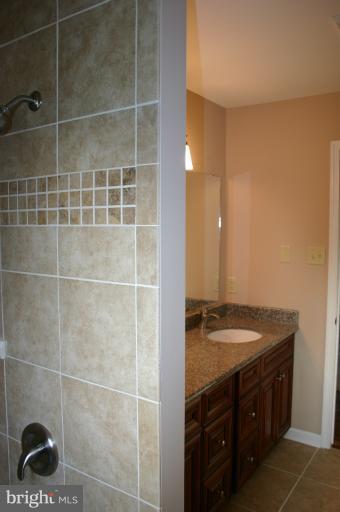 13163 Kaiser Ridge Road Hagerstown, MD 21740 - Photo 22 of 29 a bathroom with a granite countertop sink and a blue shower