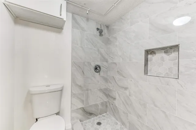 a bathroom with a toilet and a shower