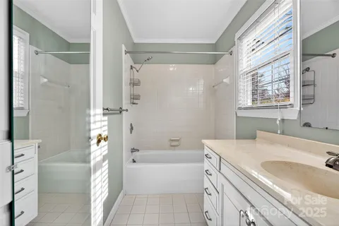 a bathroom with a granite countertop bathtub shower sink vanity and a mirror