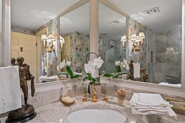 a bathroom with a sink a mirror and a shower