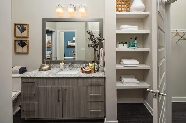 a bathroom with a granite countertop sink and a mirror