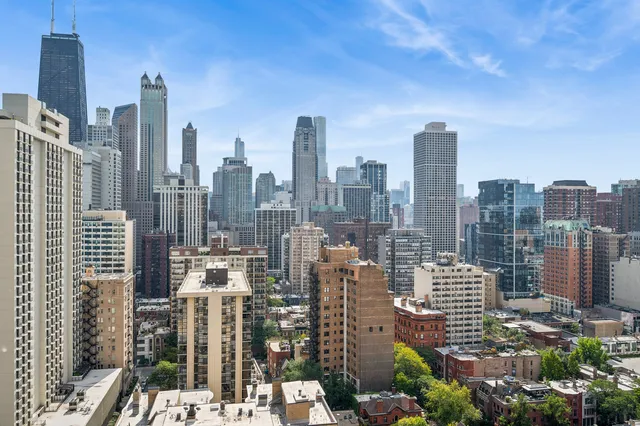 a city view with tall buildings