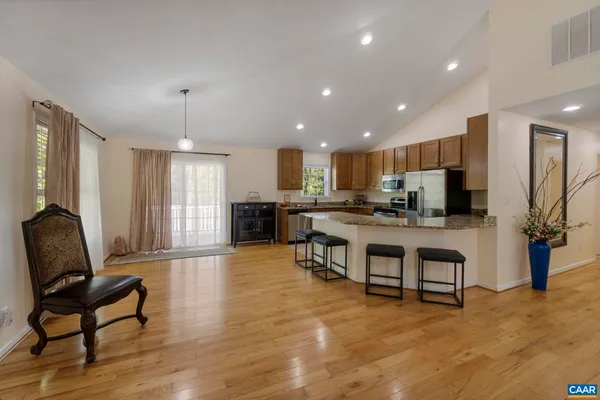 a view of a dining room with furniture