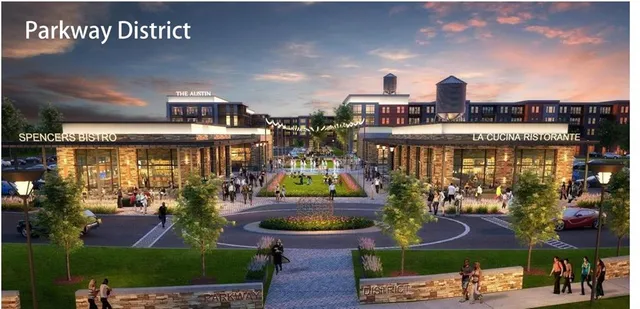 a view of a building with outdoor space water fountain and large tree