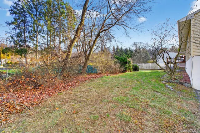 a view of a yard with plants and trees