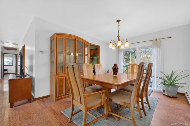 a dining room with furniture potted plants and wooden floor